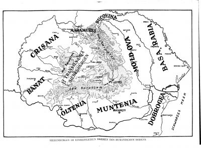 ”Transsylvanien inom den rumänska jordens enhetliga gränser”. Illustration ur I Lupaş ”Zur Geschichte der Rumänen” från 1943 då Transsylvanien hunnit bli och delvis förloras som en del av "Storrumänien".